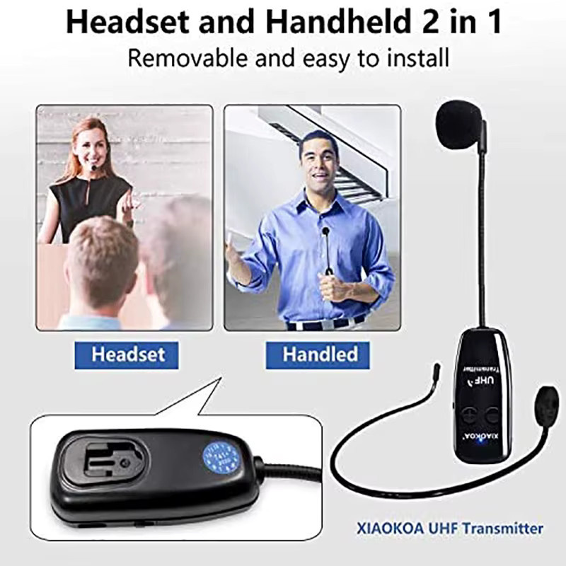 XIAOKOA Kabelloses UHF-Mikrofon-Headset in Schwarz, tragbarer 2-in-1 Sprachverstärker mit 30 Meter Reichweite für Bühne und Unterricht - Bild 2