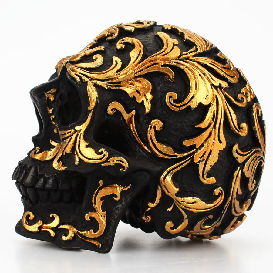MINIDEAL Schädel Skulptur aus Harz in Schwarz und Gold als Halloween Dekoration - Bild 3
