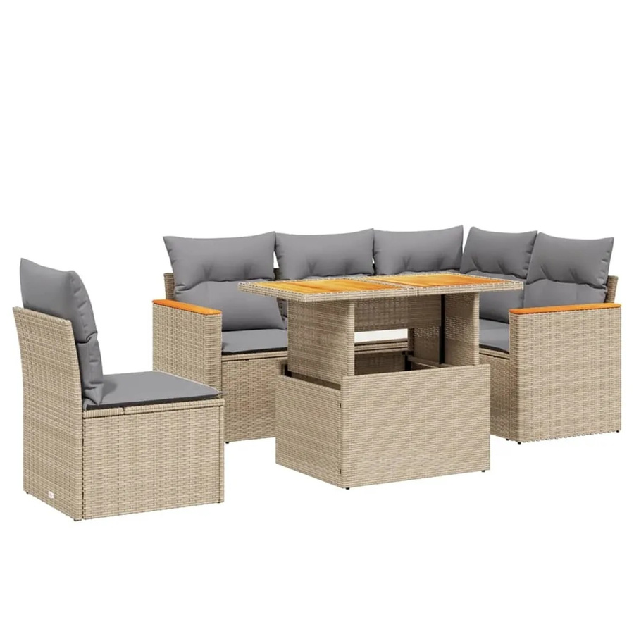 vidaXL 6-tlg Garten-Sofagarnitur in L-Form aus Polyrattan mit Kissen und Couchtisch, Beige/Grau - Bild 2