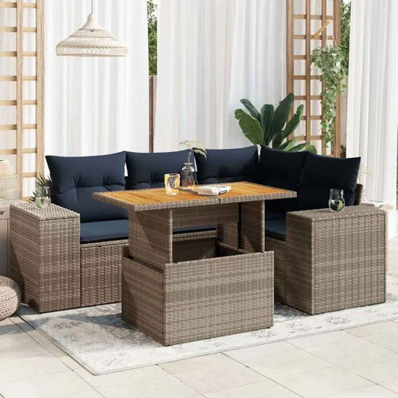 5-tlg. Garten-Sofagarnitur in L-Form aus Poly-Rattan und Metall mit Kissen, Grau, vidaxl - Bild 1