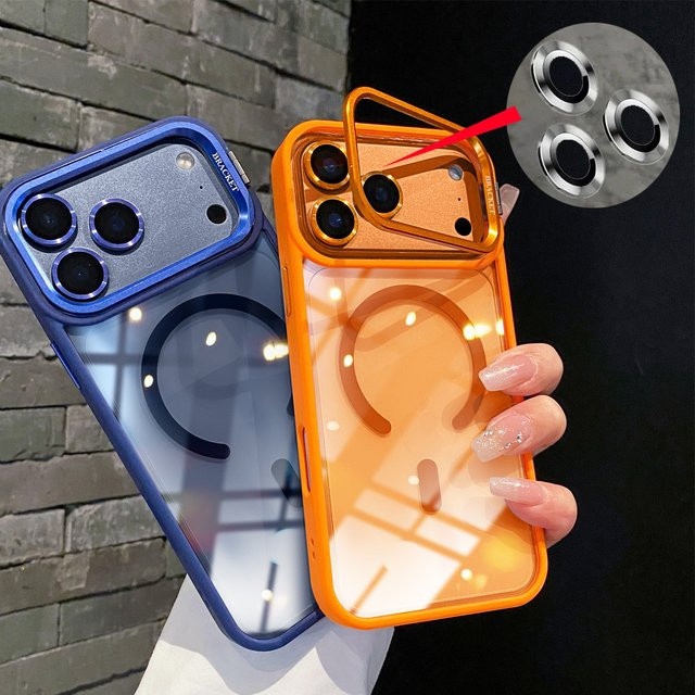 Magnetische Schutzhülle mit Metalllinsenständer und Linsenglasfolie für iPhone 11 bis 17 Pro Max Plus Air, transparent und schwarz, kompatibel mit MagSafe - Bild 1