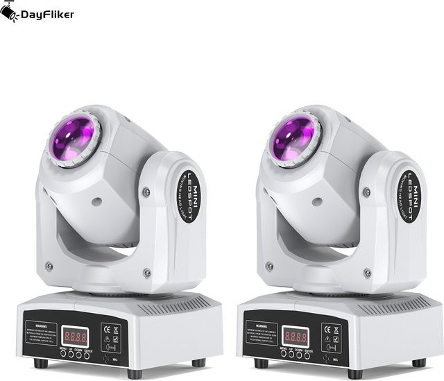 DayFlicker 2er Set RGBW LED Moving Head 120 W in Weiß mit 8 Farben und 8 Gobos sowie DMX512 und Sprachsteuerung - Bild 1