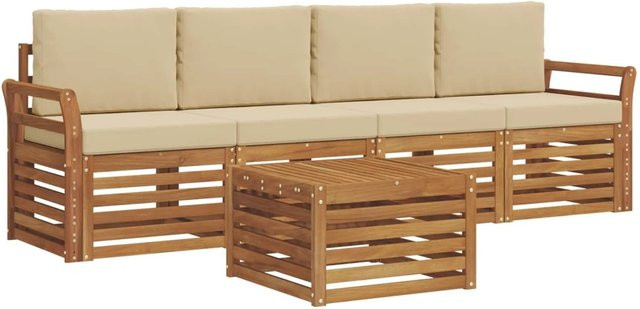 vidaXL Sofagarnitur 5-teilig aus Massivholz Akazie in Natur und Beige mit Polstern und Tisch - Bild 1