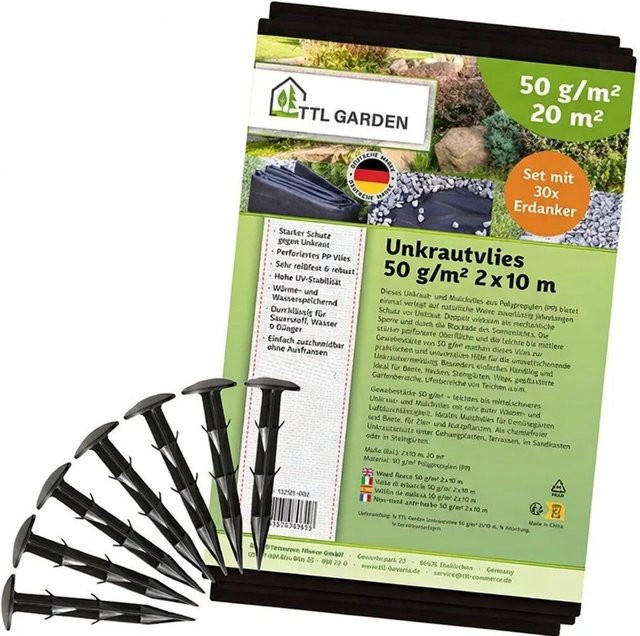 TTL GARDEN Unkrautvlies Schwarz 20m² (2 x 10 m) mit 30 Erdankern, 50g/m², UV-stabil und Wasserdurchlässig - Bild 1