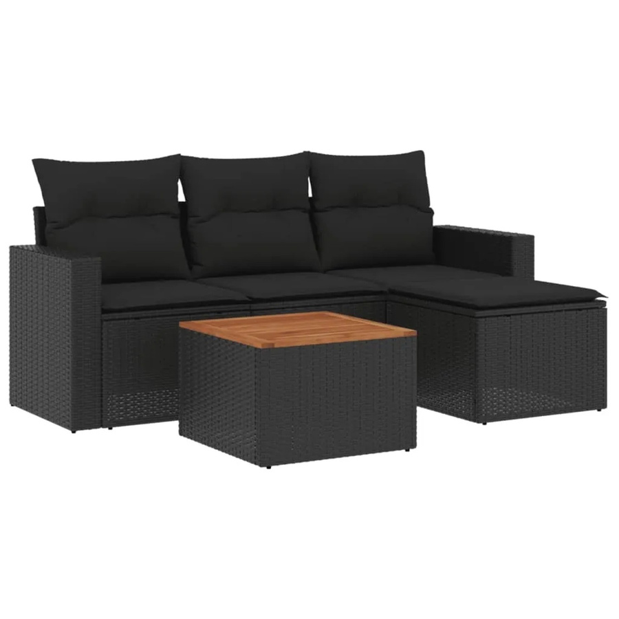 vidaXL 5-tlg Garten-Sofagarnitur mit Kissen aus Poly-Rattan und Akazienholz in Schwarz - Bild 2