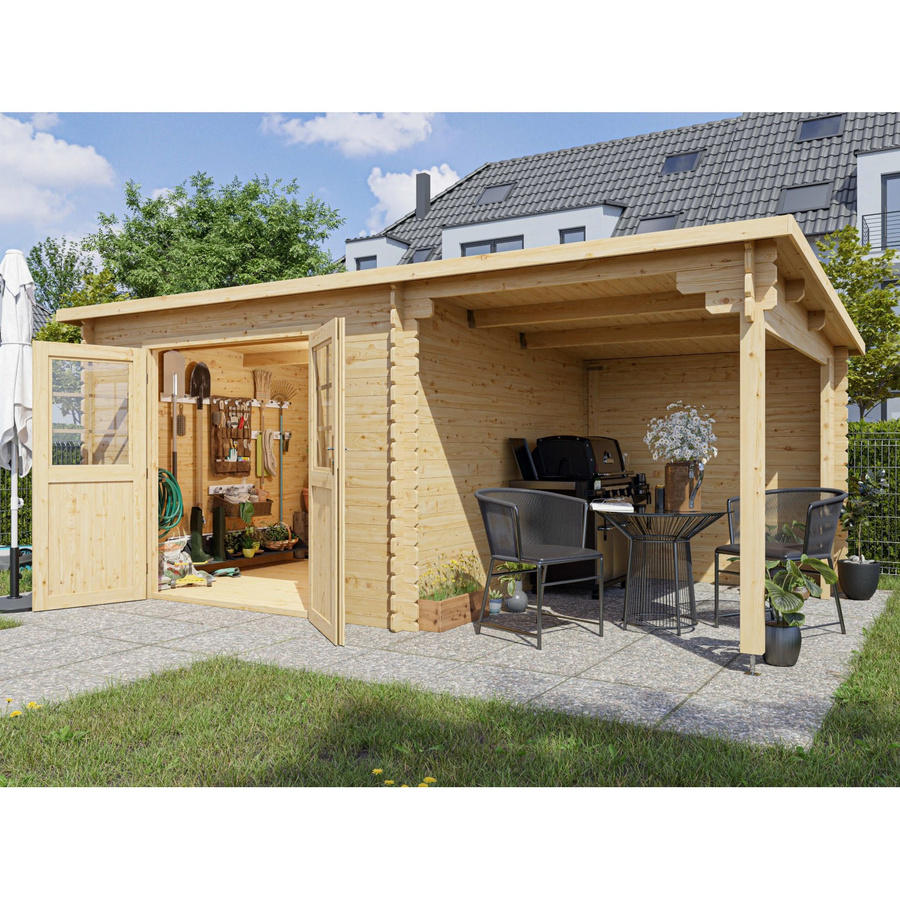 Woodtex Gartenhaus Blockbohlenhaus CA2976 mit 2 m Anbau, naturbelassen braun - Bild 2