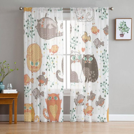 Super Six Transparente Chiffon-Fenstervorhänge mit Katzen- und Vogelmotiv in Weiß, B: 135 cm, H: 114 cm