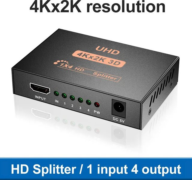 KOJESHUN HDMI Splitter 1 in 4 Out Video Switcher für 4K und 2K, Schwarz, inklusive Power Adapter - Bild 1