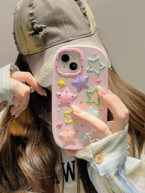 iPhone Silikon Handyhülle mit Dopamin-Kontrast und stereoskopischem Stern in Pink, Anti-Drop Schutz für iPhone 15 Pro Max, 14, 13, 12 und 11 - Bild 1