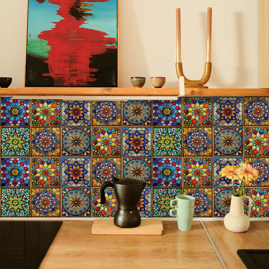 10 Stück YanTin Retro-Mosaik Fliesenaufkleber in Multicolour, Ölbeständige geometrische Wandaufkleber für Küchenrückwand und Schrank - Bild 2