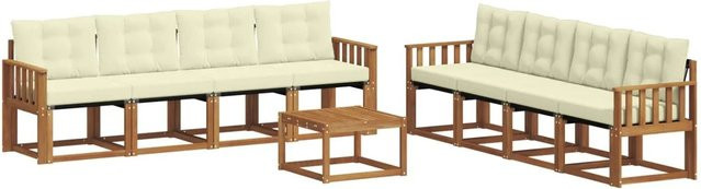vidaXL Outdoor-Sofagarnitur 9-tlg. aus Akazienholz und Textilene in Natur und Creme mit Kissen und Tisch - Bild 1