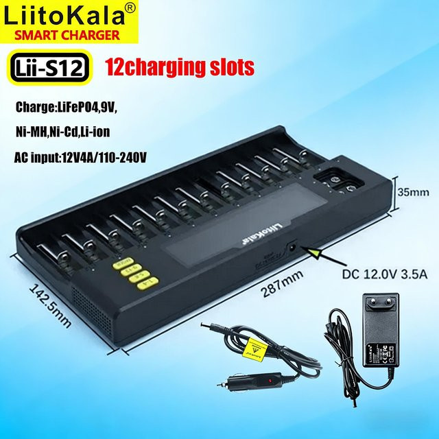 LiitoKala Lii-S12 Intelligentes 12-Bay Ladegerät in Schwarz für LiFePO4, Li-Ion, NiMH und NiCd, passend für 18650, 26650, AA und AAA - Bild 1