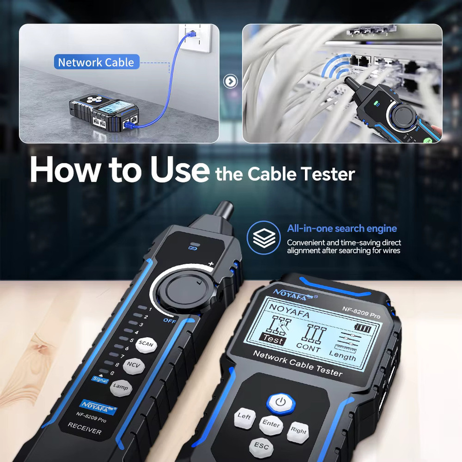 NOYAFA NF-8209Pro Netzwerkkabeltester mit Kabeltracker für Cat5 Cat6 PoE und Längendurchgangsprüfung sowie NCV in Schwarz - Bild 2