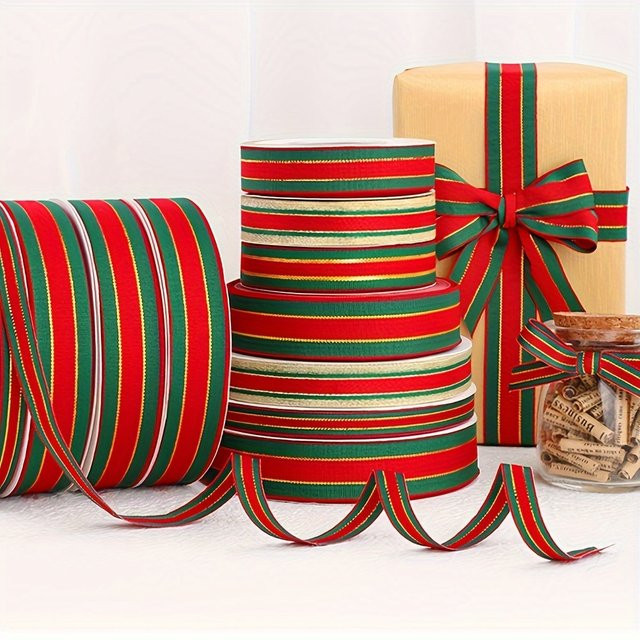 DUTRIEUX Glitzerband rot-grün gestreift mit goldenem Rand für Weihnachtsdekoration und Geschenkverpackungen, 25 Yards - Bild 1