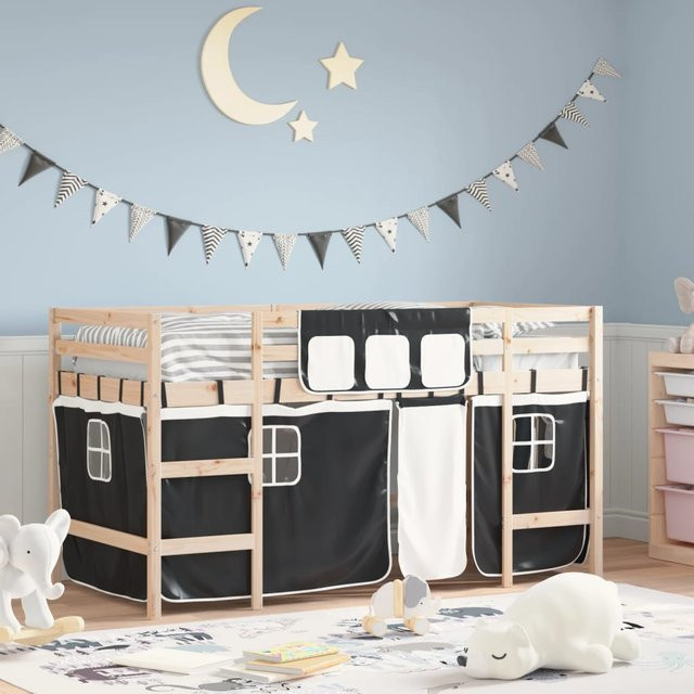 vidaXL Kinderhochbett aus Kiefernholz mit Vorhängen in Weiß und Schwarz, B/T/H: 90 x 190 x 113,5 cm - Bild 3