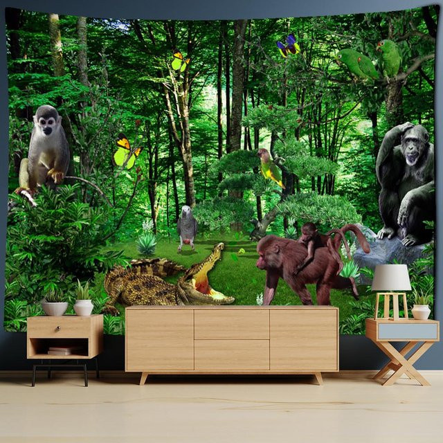Super Six Wandbehang Dinosaurier Tapisserie im Retro Boho Stil, Farbe: Grün, Breite: 95 cm, Höhe: 70 cm - Bild 1