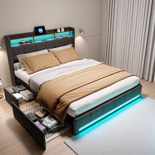 FEEOHOME Polsterbett mit 4 Stauraum Schubladen und LED-Kopfteil inklusive USB-Ladefunktion, Doppelbett aus Leinen in Grau, B/T: 180 x 200 cm - Bild 1