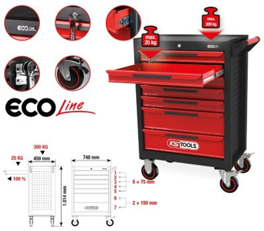 KS Tools ECOline Werkstattwagen aus Stahl mit 7 Schubladen, Schwarz-Rot, B: 101,4 cm, T: 45,9 cm, H: 74,8 cm - Bild 3