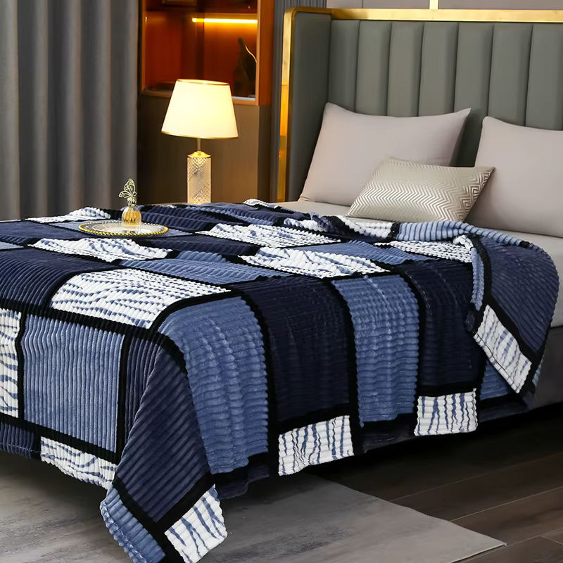 Fei Zhi Tian Flanell-Milchsamt-Decke in Blau mit Karomuster und Kordel-Druck, superweiche Polyester-Bettwäsche für Sofa und Schlafzimmer - Bild 2