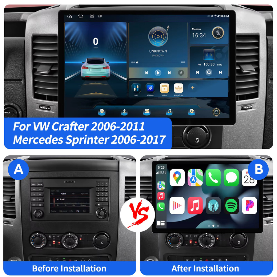 MOPECT Android 15 Autoradio für VW Crafter 2006-2011 und Mercedes Sprinter 2006-2017, 13,3 Zoll Touchscreen, 6+128GB, kabelloses CarPlay, GPS-Navigation, 4G, Bluetooth, DAB und AHD, Schwarz - Bild 5