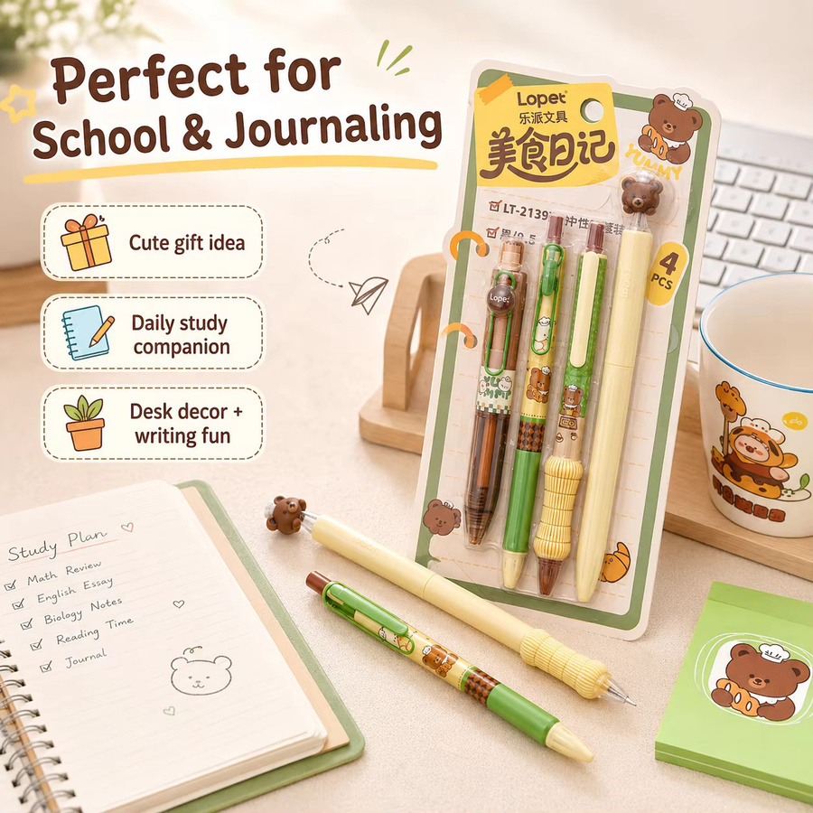 Bear Food Gelstifte Set mit 4 Stück, 0,5 mm Spitzengröße, schnell trocknende schwarze Tinte, ideal für Schule und Büro - Bild 2