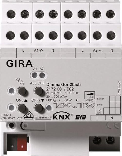 Gira Universal-Dimmaktor 2-fach KNX/EIB mit 2x 300W REG 217200 - Bild 1