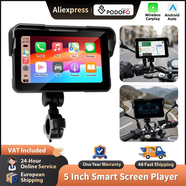 Podofo 5-Zoll Wireless Carplay und Android Auto Motorrad-Navigator mit GPS und IP68 wasserdichtem Display in Schwarz - Bild 1