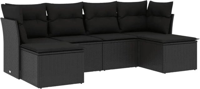 vidaXL 6-tlg Garten-Sofagarnitur in L-Form aus Poly Rattan und Metall mit Kissen, Schwarz - Bild 1
