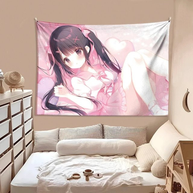 VIKAMA Kawaii Anime-Mädchen Wandteppich in Rosa mit Herz-Illustration für deine Y2K Schlafzimmer Dekoration, B/H: 60 x 40 cm - Bild 1