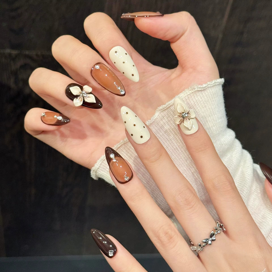 YADORNOS Press On Nails, Karamell Leopard Glitzer, 10 Stück, Glänzend - Bild 3