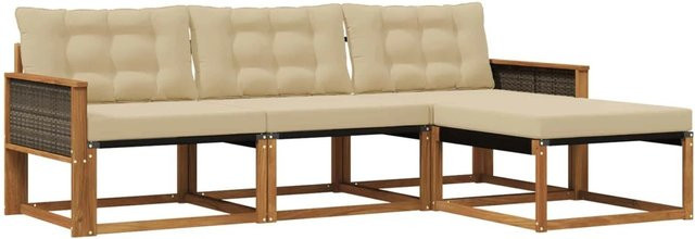 vidaXL Outdoor-Sofagarnitur L-Form aus Akazienholz mit Textilene und Kissen in Beige und Natur - Bild 1