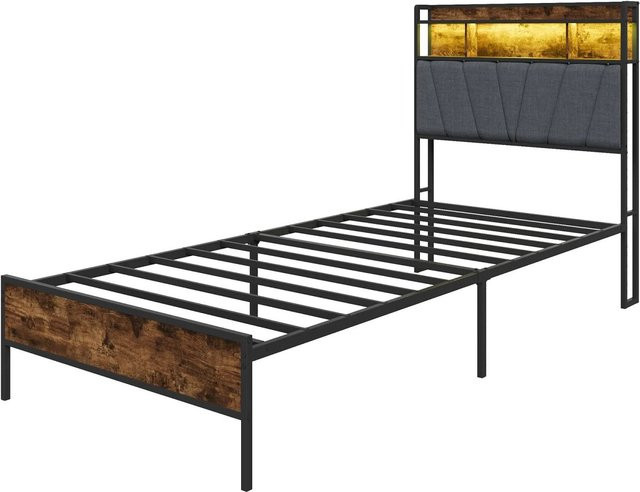 PXloue Bettgestell aus Metall und Holz mit Stauraum, RGB LED-Unterbettbeleuchtung, USB-Ladestation und Ablagefach, B/H/T: 90 x 200 x 90,5 cm - Bild 1
