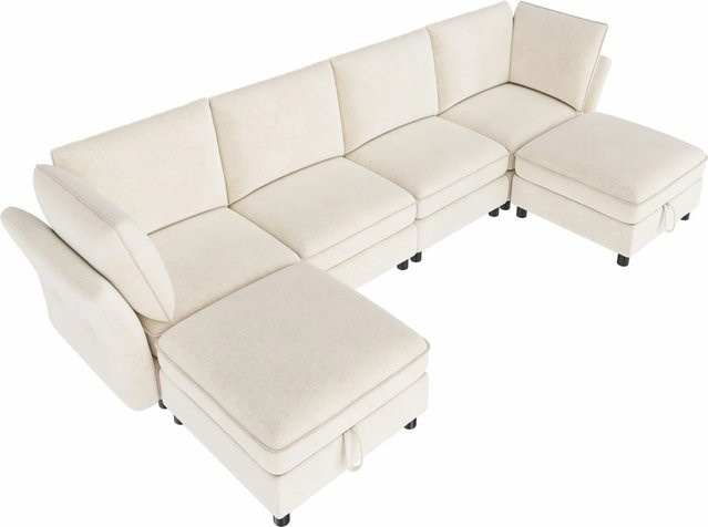 Merax Ecksofa U-Form 6-Sitzer mit Hocker und Stauraum in Beige aus Chenille - Bild 1