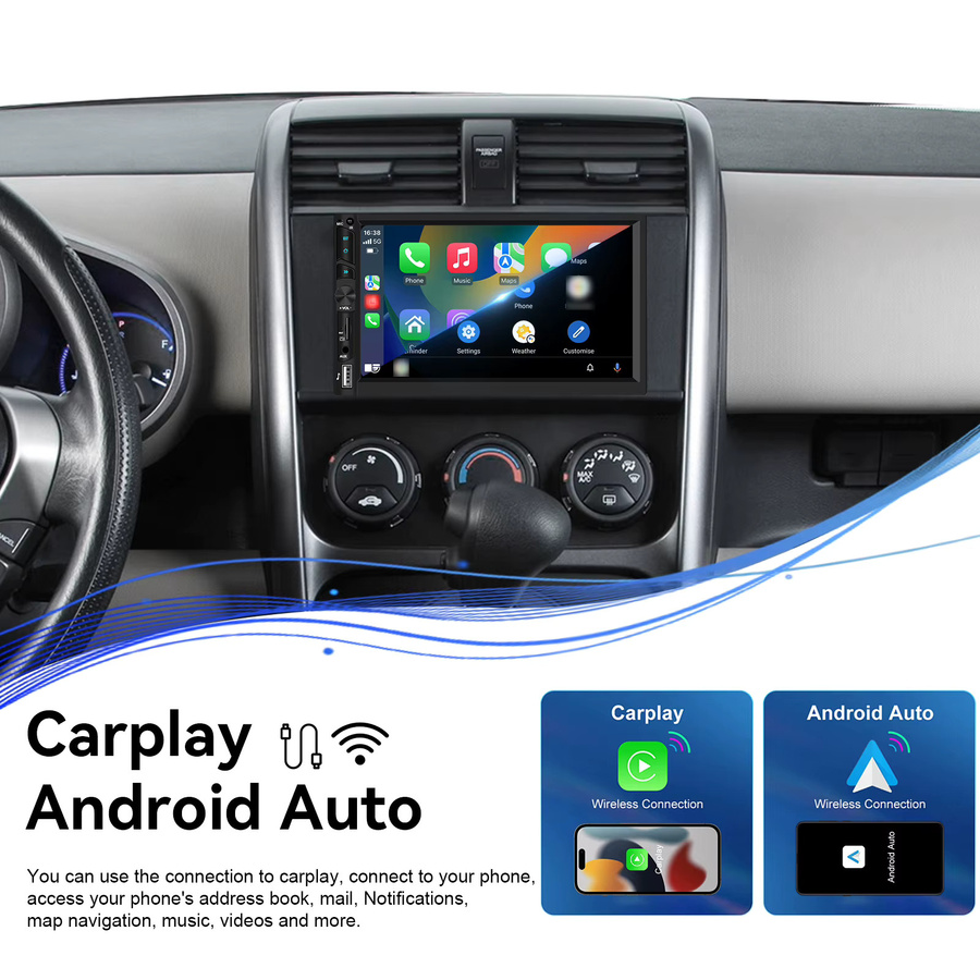 Podofo 2Din 7 Zoll Autoradio mit kabellosem Carplay und Android Auto, Bluetooth, AUX und EQ Sound, Schwarz - Bild 4