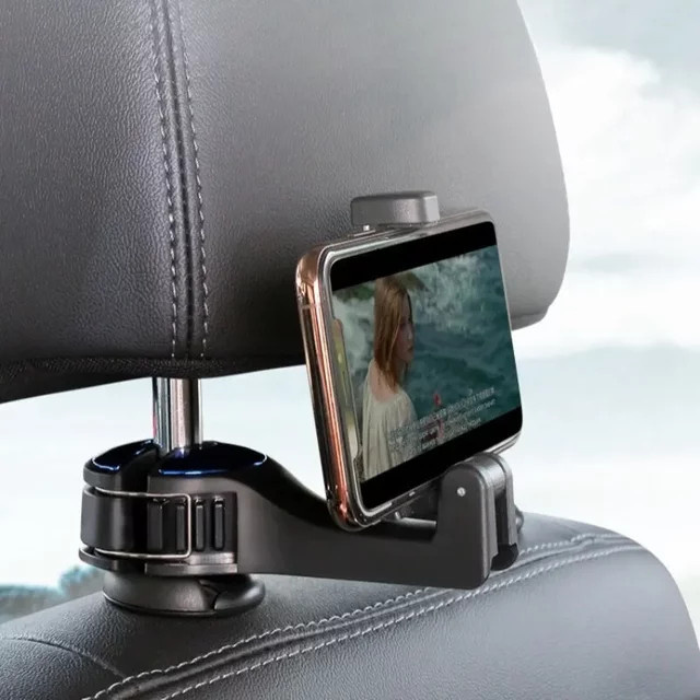 Multifunktionaler 2-in-1 Autohaken in Schwarz als Handyhalter und Haken für die Kopfstütze - Bild 1