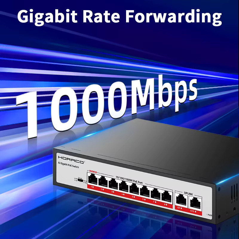 HORACO 10-Port Gigabit PoE-Switch mit 120 W Leistung für IP-Kameras und NVR, Schwarz - Bild 2