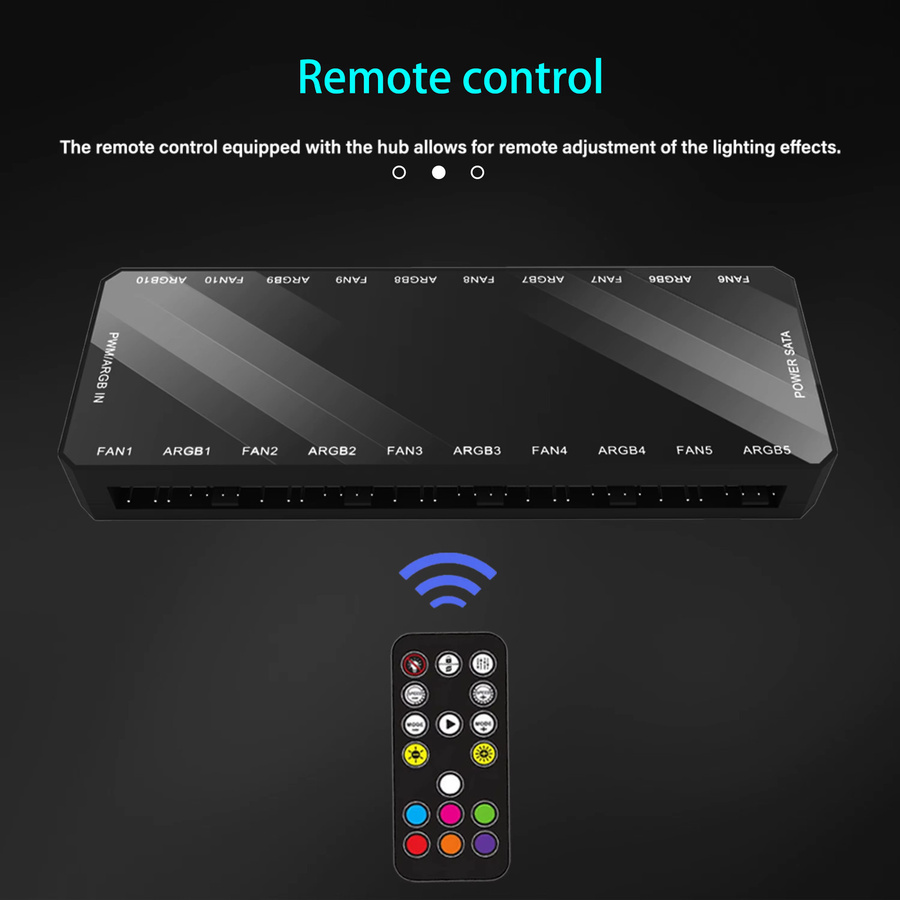 AuyiHomu Dualer 10-Wege ARGB PWM Lüfter-Hub mit Fernbedienung, 5V 3-Pin RGB-Controller und 4-Pin PWM-Splitter in Schwarz für PC-Kühlung und Beleuchtungssynchronisation - Bild 3