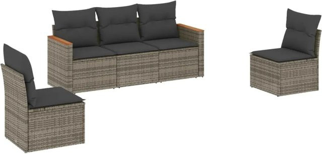 vidaXL 5-tlg Garten-Sofagarnitur in L-Form aus Poly Rattan und Akazienholz in Grau mit Kissen und abnehmbaren Bezügen - Bild 1