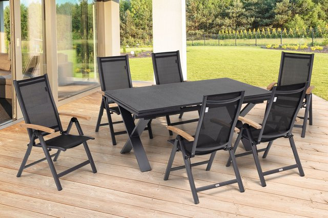 OUTFLEXX Garten-Essgruppe in Anthrazit Matt mit ausziehbarem Tisch und 6 Klappstühlen aus Aluminium, Teakholz und Textilene - Bild 1