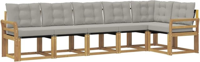 vidaXL Outdoor-Sofagarnitur 6-teilig L-Form aus Akazienholz mit Textilene und Kissen in Weiß-Hellgrau - Bild 1