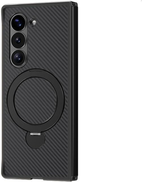 Stoßfeste Samsung Galaxy Z Fold 6 5 4 3 5G Schutzhülle mit MagSafe, Kohlefasertextur und 360 Grad drehbarer Halterung, Schwarz - Bild 1