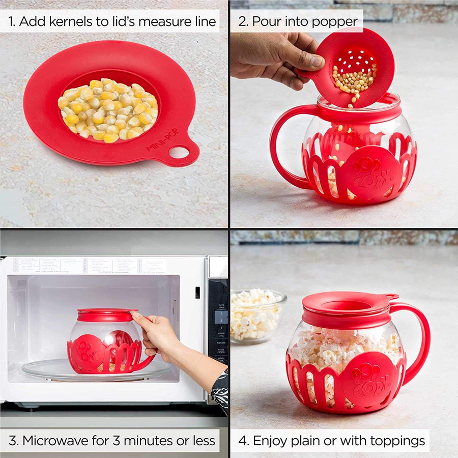 Micro-Pop Popcornmaschine aus Borosilikatglas mit 3-in-1-Deckel zur Messung von Maiskörnern, mikrowellengeeignet und spülmaschinenfest, Farbe: Rot - Bild 3