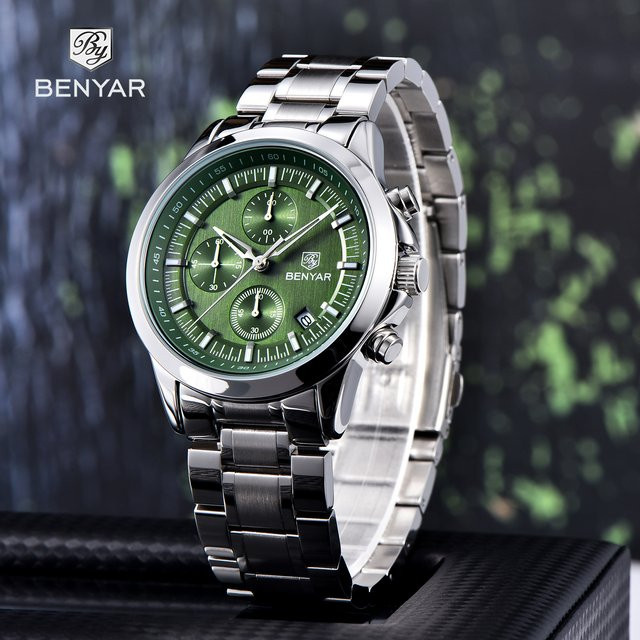 BENYAR Chronograph, Armbanduhr Quarz, Edelstahl, Herren, Grün, Schwarz - Bild 1