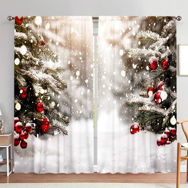 2er-Set Weihnachtsvorhhang mit Schneelandschaft-Print in Grau, halbtransparent, Breite: 52,5 cm, Höhe: 116 cm - Bild 1