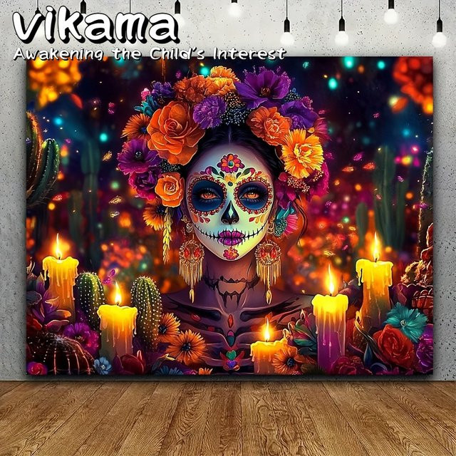 VIKAMA Day of the Dead Banner mit Candy Skulls und floralem Design, Mehrfarbig, B/H: 75 x 75 cm - Bild 1