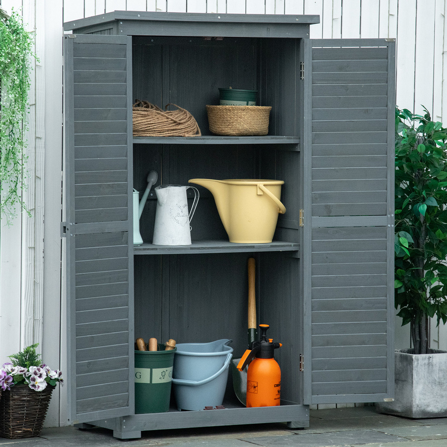 Outsunny Gartenschrank aus Tannenholz mit Ziegel-Asphaltdach und abschließbarer Lamellentür, Grau, B: 87 cm, T: 46,5 cm, H: 160 cm - Bild 2
