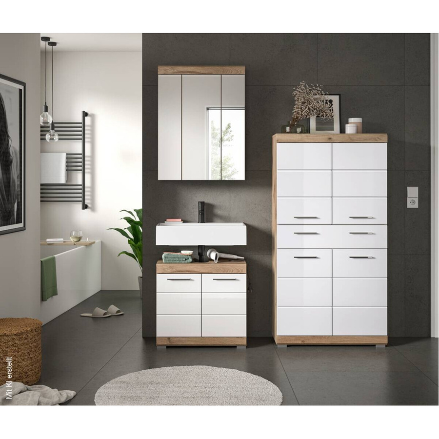 Badkombination Wave von xonox.home in Weiß Hochglanz und Nox Oak, 3-teiliges Badezimmer-Set mit Spiegelschrank, Waschtischunterschrank und Standschrank, B/H/T: 149 x 191 x 34 cm - Bild 2