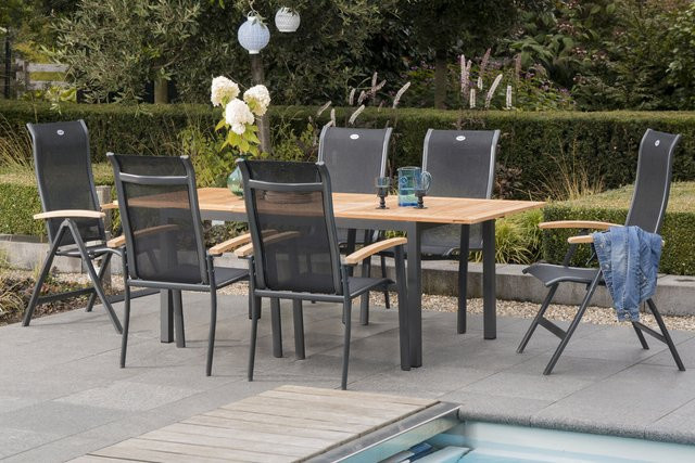 Hartman Alice Garten-Essgruppe aus Alu und Teakholz in Anthrazit mit ausziehbarem Tisch, 2 Klappstühlen und 4 Stapelsesseln aus Textilene - Bild 1