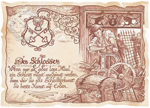 Zunftbild Schlosser als Grafik auf Antikpapier, Mehrfarbig, A4-Format