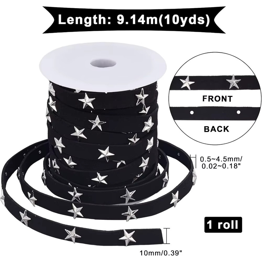 Schwarzes Kunst-Wildlederband mit Sternnieten, 10 mm breite Kunstleder-Spitze für Punk-Styles, 10 Yards Länge - Bild 5
